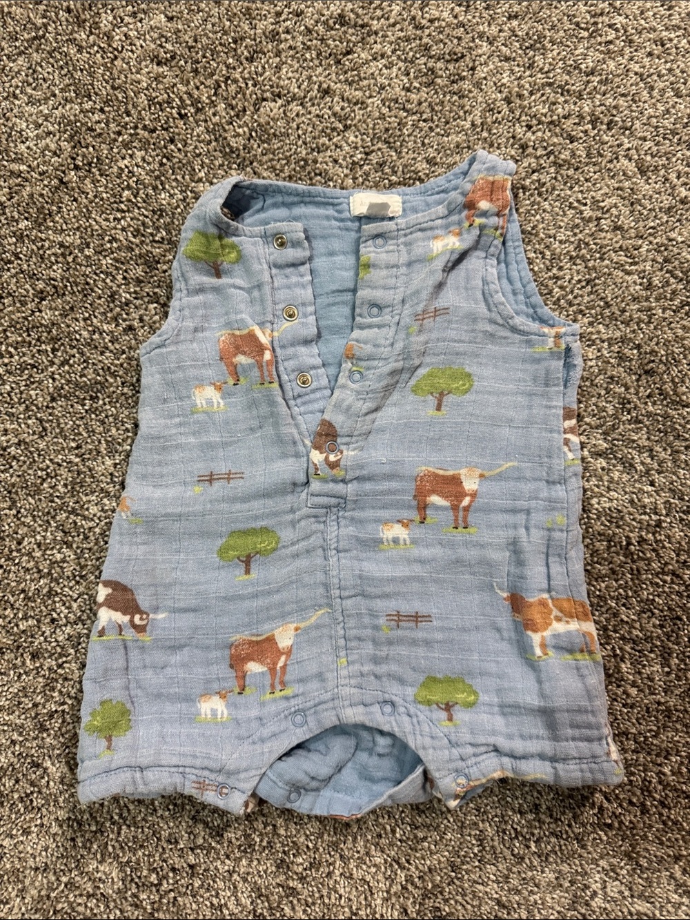 Angel Dear Light Blue Muslin Romper with Cow and Tree Print